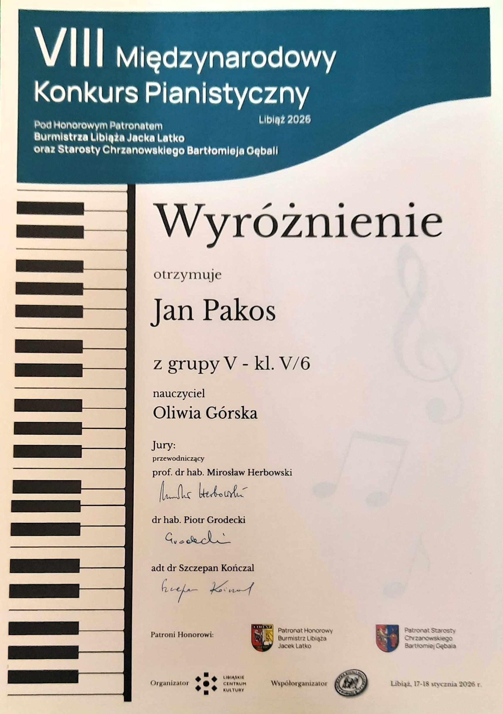 PAKOS JAN VIII Miedzyn. Konkurs Pianistyczny LIBIAZ