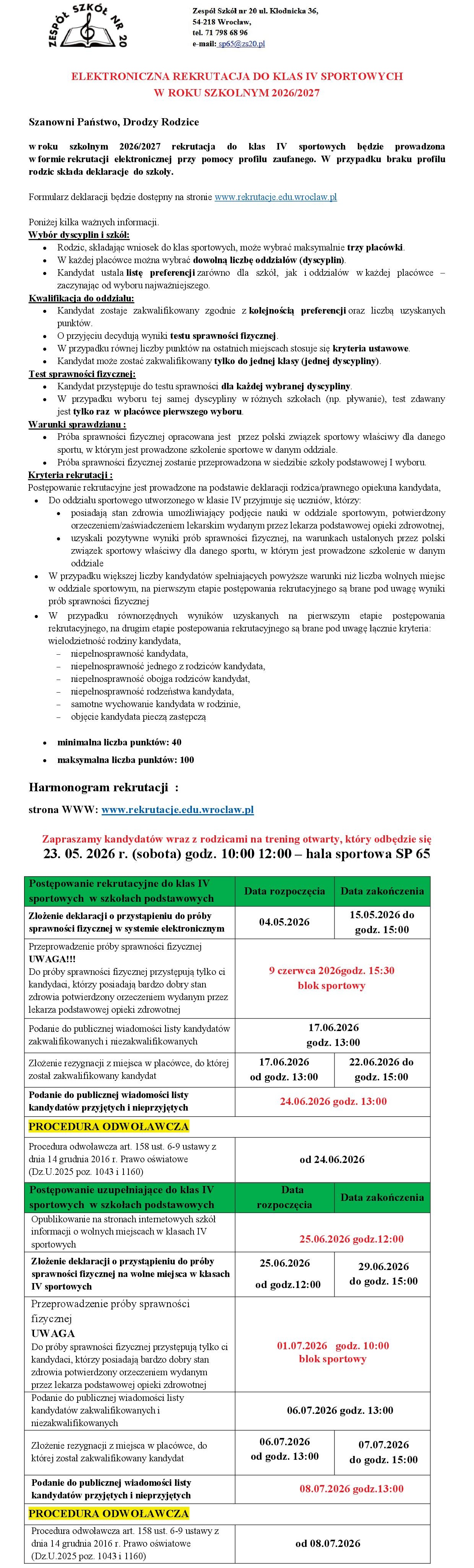 rekrutacja do klasy sportowej 2026.04.24